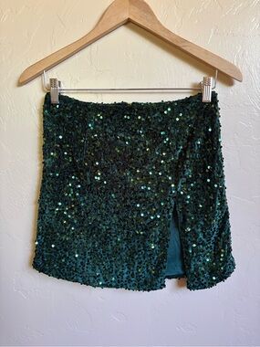 Amazing Lace Sequin Velvet Dark Green Mini Skirt Size Small Side Slit Sparkly